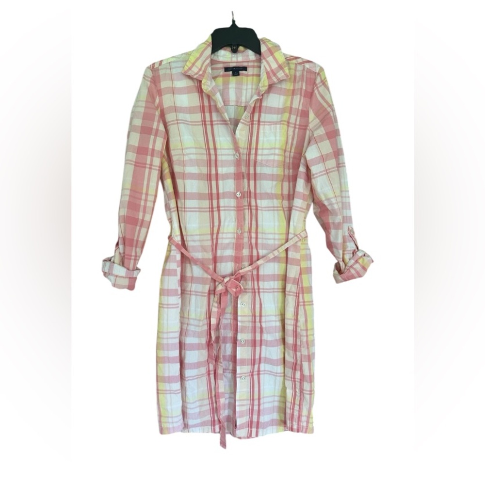 Tommy Hilfiger Shirt Dress Medium Plaid Cotton Pink Button Front Belted NWOT